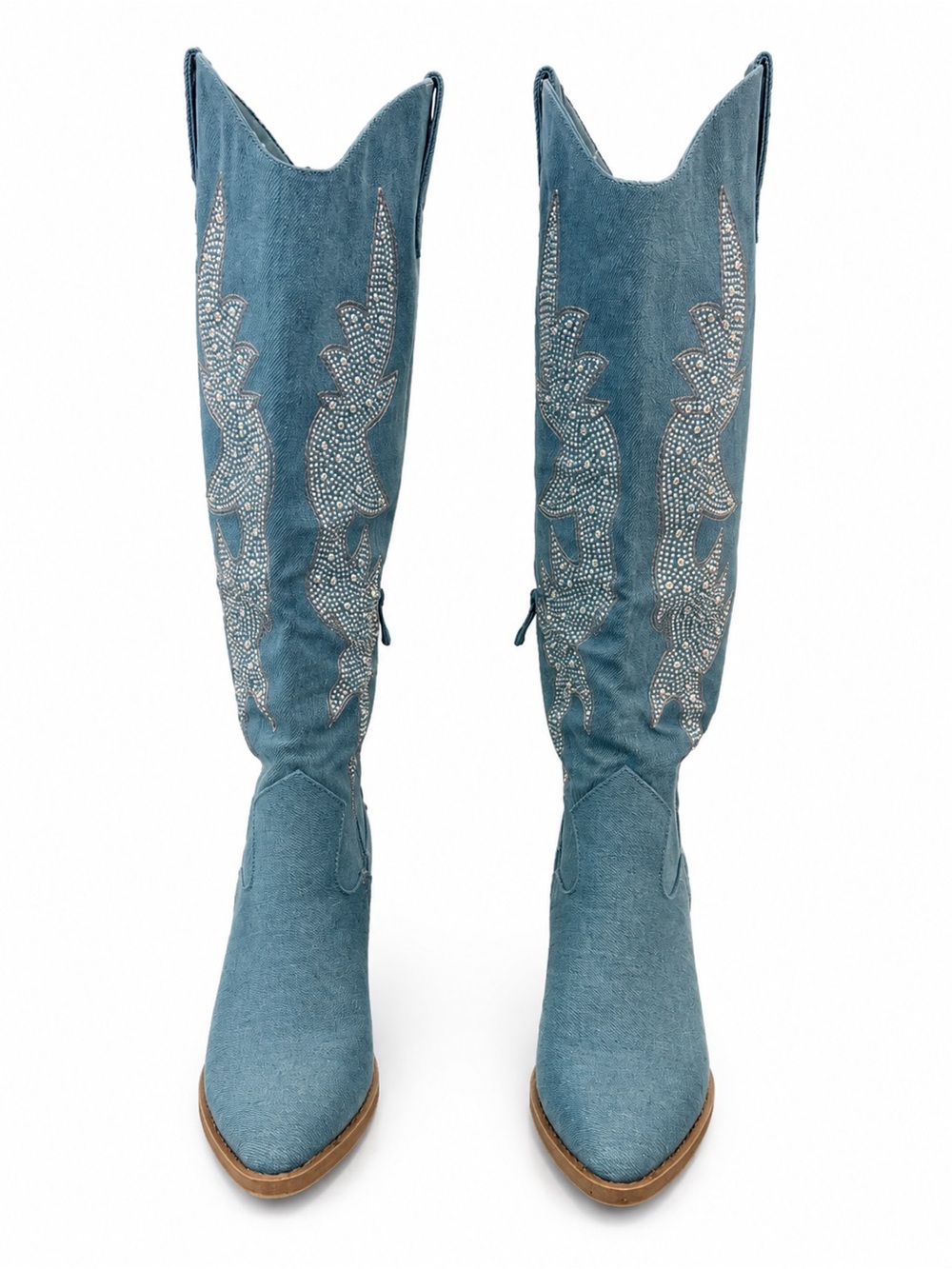 Women's Light Blue Rhinestone Embellished Western Heeled Boots